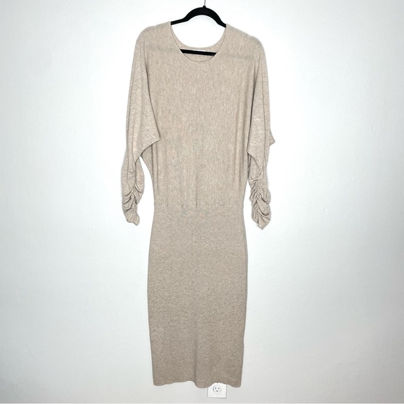 Reiss Leila Neutral Wool Blend Ruched Sleeve Dolman Midi Sweater Dress Size L - Picture 5 of 10
